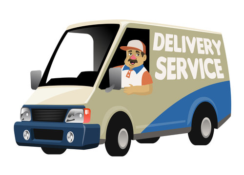 cartoon delivery service worker driving the delivery truck van