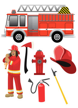 cartoon fire fighter set with the objects