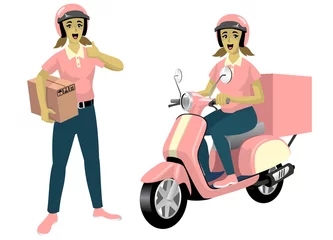 Foto op Plexiglas set of women courier worker with her scooter © bazzier
