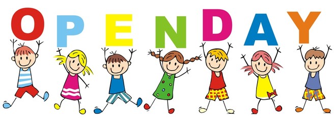 Obraz na płótnie Canvas Happy kids and inscription open day, vector illustration