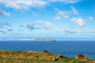 beautiful landscape of the coast in the north of France with ships in the English Channel