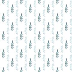 seamless watercolor pattern of blue and turquoise twigs with leaves on a white background