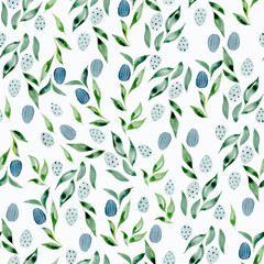 seamless pattern of spring leaves and Easter eggs. watercolor print on white background
