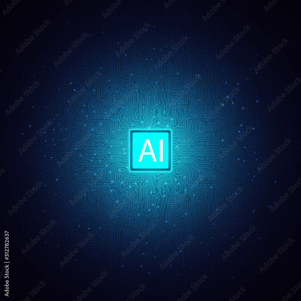 Poster blue artificial intelligence chipset on circuit board,ai brain technology background,data analysis a