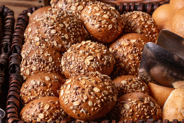 Round buns with seed grains, oat flakes and nuts