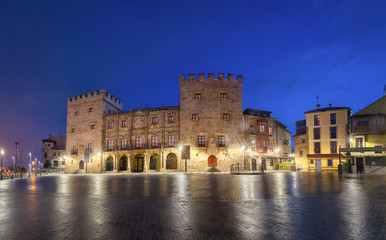 Gijon, Spain. Panoramic view of Plaza del Marques with Revillagigedo Palace at dusk