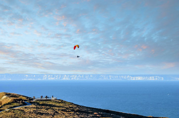 beautiful landscape of the coast in the north of France with paragliders over the English Channel