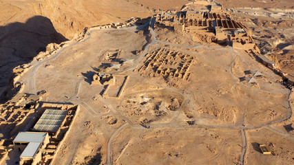 Drone View of Masada National Park at sunrise, Dead sea, Israel Masada - Aerial footage of the...