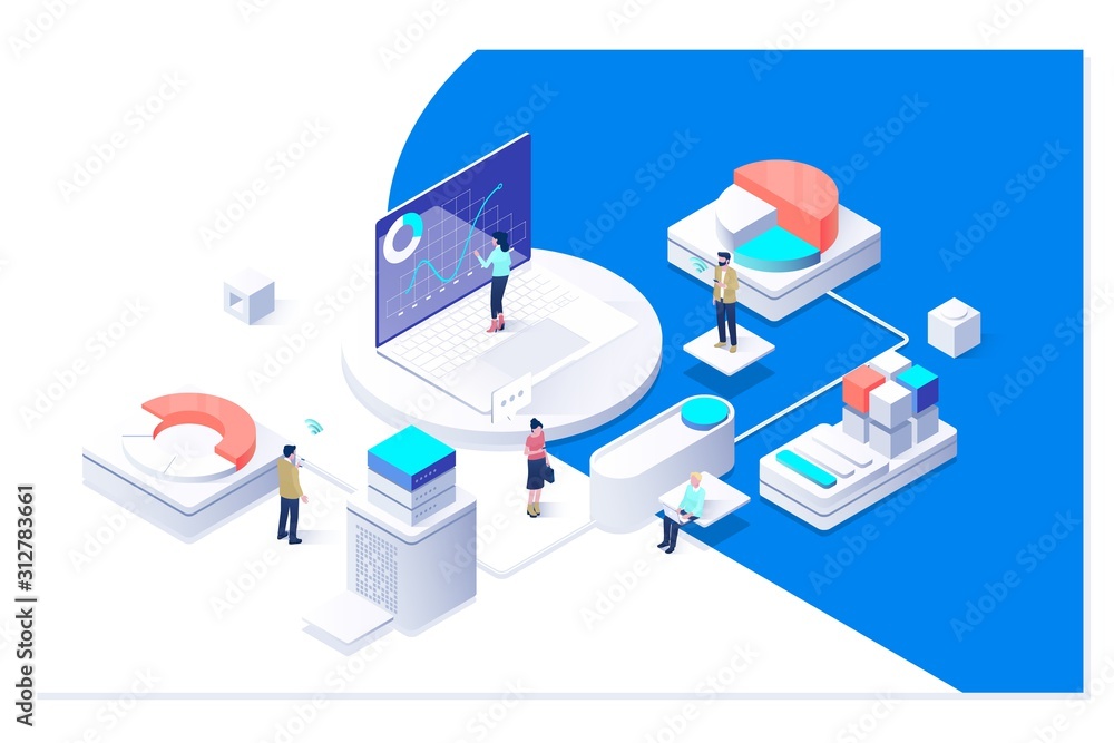 Poster people in the team analyze diorams and graphics. data visualization concept. 3d isometric vector ill