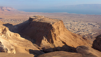 Drone View of Masada National Park at sunrise, Dead sea, Israel Masada - Aerial footage of the ancient fortification in the Southern District of Israel