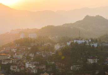 Scenic view of sunset over Sapa town, Vietnam 