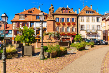 Fototapeta na wymiar Beautiful architecture of Bergheim village square of which is located on famous Alsace wine route, France