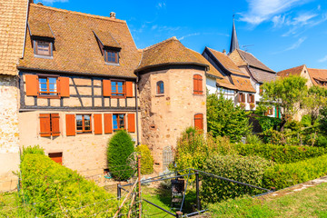 Fototapeta na wymiar Beautiful traditional houses built from stones in Bergheim village, Alsace wine route, France