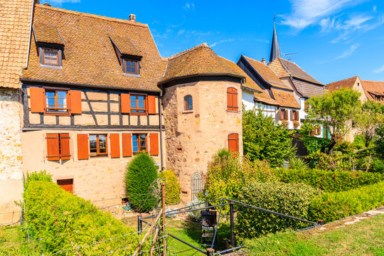 Beautiful traditional houses built from stones in Bergheim village, Alsace wine route, France