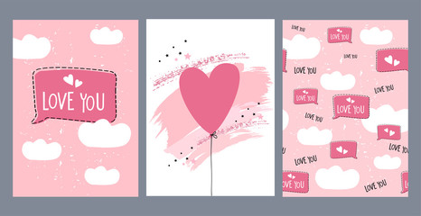 Set of Valentine's Day greeting cards with speech bubble, baloon and clouds
