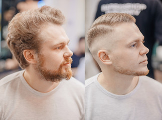 Before and after Man in barber chair, hairdresser styling in barbershop