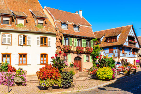 Fototapeta KINTZHEIM VILLAGE, FRANCE - SEP 19, 2019: Colorful houses decorated with flowers on street in beautiful old village of Kintzheim which is located on famous Alsace wine route, France.