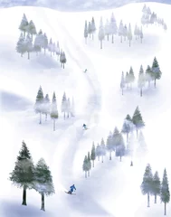 Keuken foto achterwand Mistig bos Skiers are seen descending a mountain, swerving between groups of trees in the fog. This is an illustration.