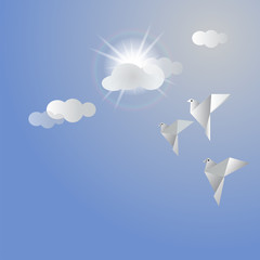Paper bird on sky with sun and clouds