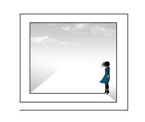 A girl is seen traveling through a A girl is seen traveling through a labyrinth or maze with wind blowing and clouds in the background.
