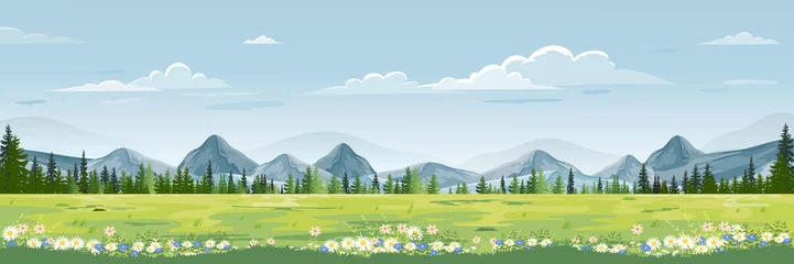 Fotobehang Blauwe hemel Spring landscape with mountain,blue sky and clouds, Panorama Green fields, fresh and peaceful rural nature in springtime with green grass land. Cartoon vector illustration for spring and summer banner  © Anchalee