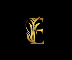 Gold E Luxury Logo Icon, Classic E Floral Letter Logo Design.