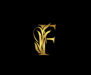 Gold F Luxury Logo Icon, Classic F Floral Letter Logo Design.