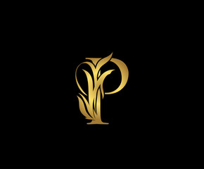 Gold P Luxury Logo Icon, Classic P Floral Letter Logo Design.