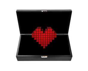 Red heart in a wooden box isolate on a white background. Heart as a gift. Love confession greeting card concept.