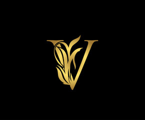 Gold V Luxury Logo Icon, Classic V Floral Letter Logo Design.