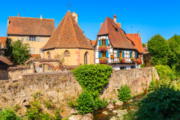 Colorful houses on street in picturesque Kintzheim village, Alsace Wine Route, France