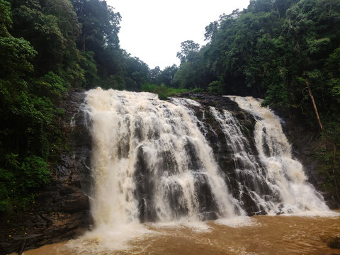 An image of Abbey waterfall covered with green forest in Coorg, Karnataka, India. The water is brown in colour and dirty.