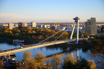 Fototapeta na wymiar Bratislava, Slovakia. 2019/11/4. The SNP bridge spanning the river Danube in Bratislava. SNP is a Slovak abbreviation for Slovak National Uprising.
