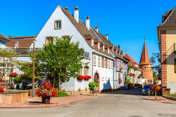ALSACE WINE REGION, FRANCE - SEP 20, 2019: Typical houses in Ammerschwihr village which is located on Alsatian Wine Route, France.
