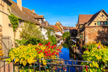Colorful houses on street in picturesque Kintzheim village, Alsace Wine Route, France
