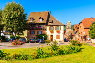 ALSACE WINE REGION, FRANCE - SEP 20, 2019: Colorful houses decorated with flowers in Kaysersberg...
