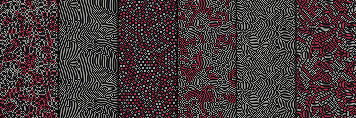 Set of organic seamless patterns with rounded lines, drips. Diffusion reaction background. Linear design with bionic shapes. Structure of natural cells, maze, coral. Abstract vector illustration.