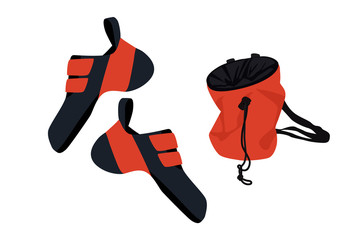 Climbing shoes pair and chalk bag isolated on white background. Vector illustration.