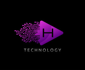 Digital H Play Logo Icon. Triangle and digital line shape icon perfect for music, audio and movie icon design company.