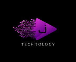 Digital J Play Logo Icon. Triangle and digital line shape icon perfect for music, audio and movie icon design company.