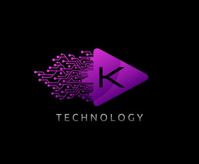 Digital K Play Logo Icon. Triangle and digital line shape icon perfect for music, audio and movie icon design company.