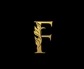 Gold F Floral Luxury Logo Icon, Classy F Swirl Letter Logo Design.