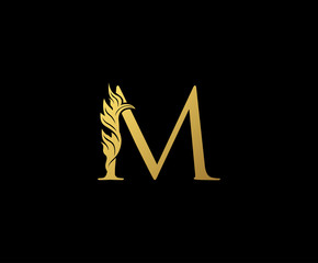 Gold M Floral Luxury Logo Icon, Classy M Swirl Letter Logo Design.