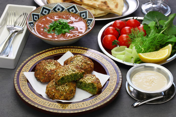 egyptian food (taameya, aish, tahini, ful medames)