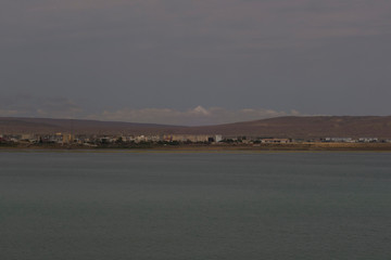 Travel by ferry from Kazakhstan to Azerbaijan on the Caspian sea. From the port of Kuryk to the port of Alat. Seascape.