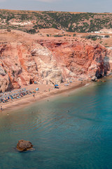 View on the seaside landscape Milos island at Paliochori beach at summer sun