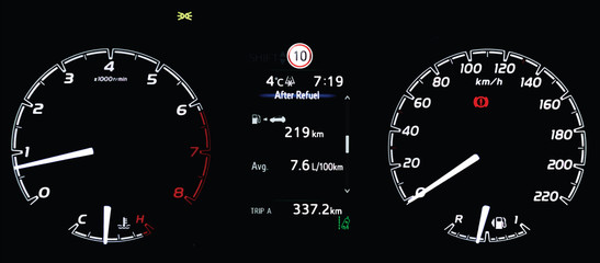 Illustration of average fuel consumption display between circular speedometer and tachometer. Car instrument dashboard with display fuel range, temperature gauge, trip distance and lane assist icon.