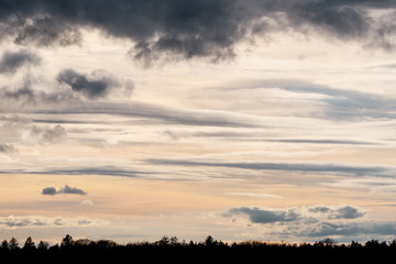 The evening sky above a forest with some intense clouds shortlly before sunset and after it cleared up after some quite rainy days