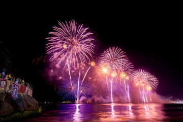 Spectacular fireworks display above water in Copacabana beach, celebrating New Year