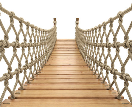 Fototapeta Rope suspension bridge on white background - 3D illustration
